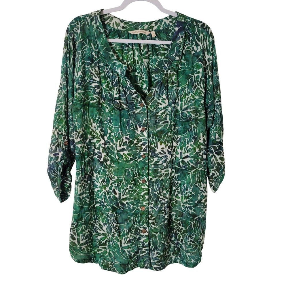 Soft Surroundings Green Batik Leaf Print Roll Tab Sleeve Tunic Top Womens Small